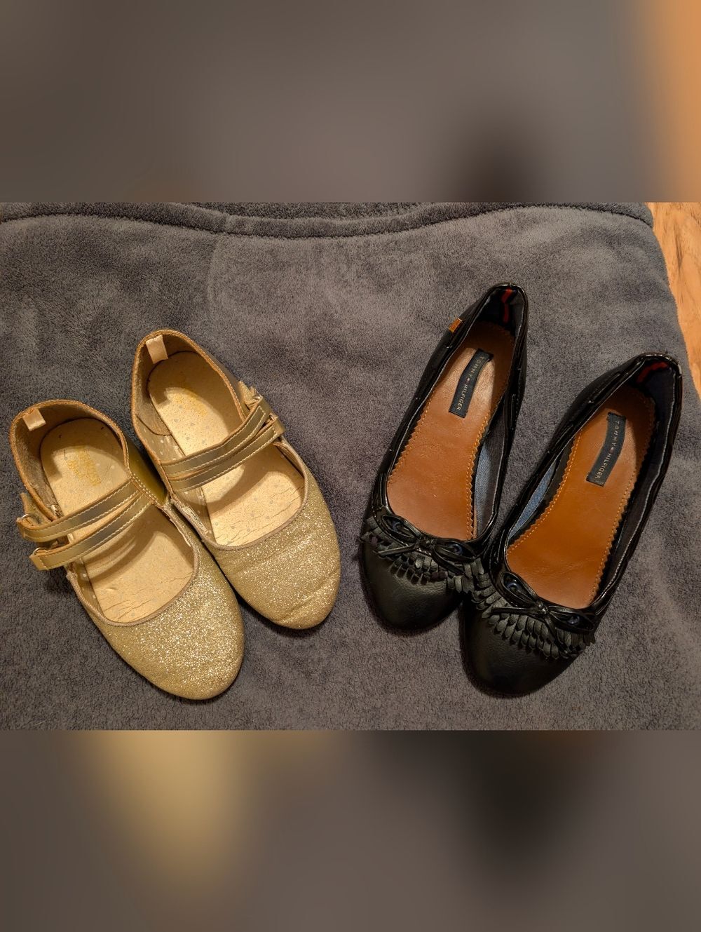 Girls Size 2 Bundle: Tommy Hilfiger Black Flats & OshKosh Gold Glitter Mary Jane